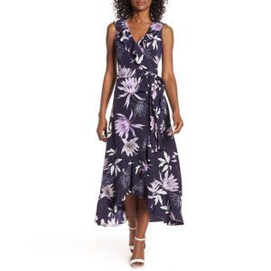 Vince Camuto Floral Plum & Lavender Ruffled Asymmetrical Faux Wrap Midi Dress